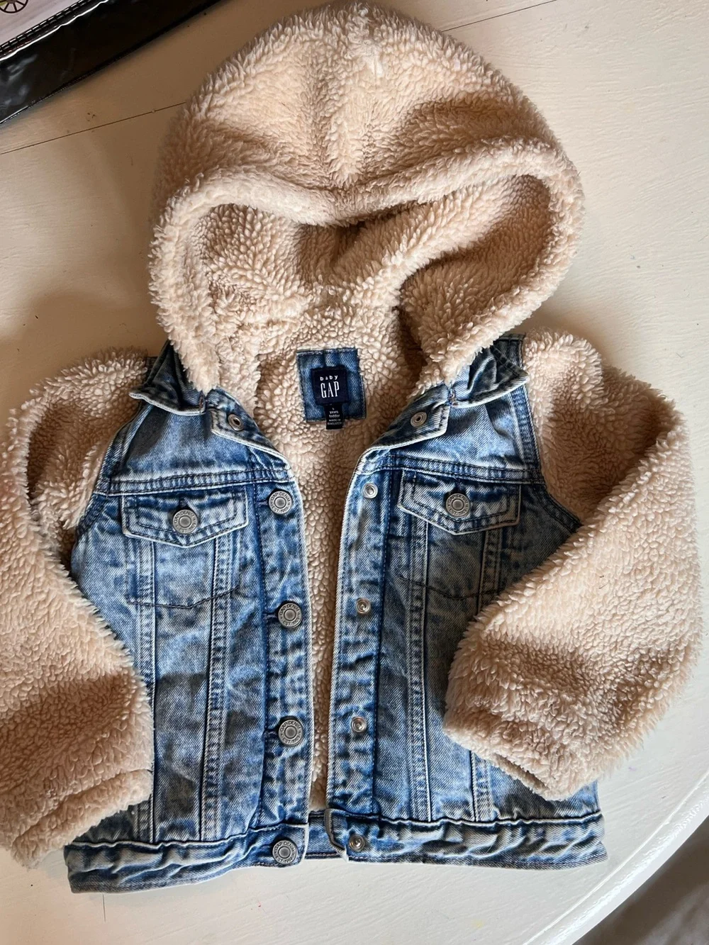 GAP Blue Denim Jacket with Cream Sherpa Hood